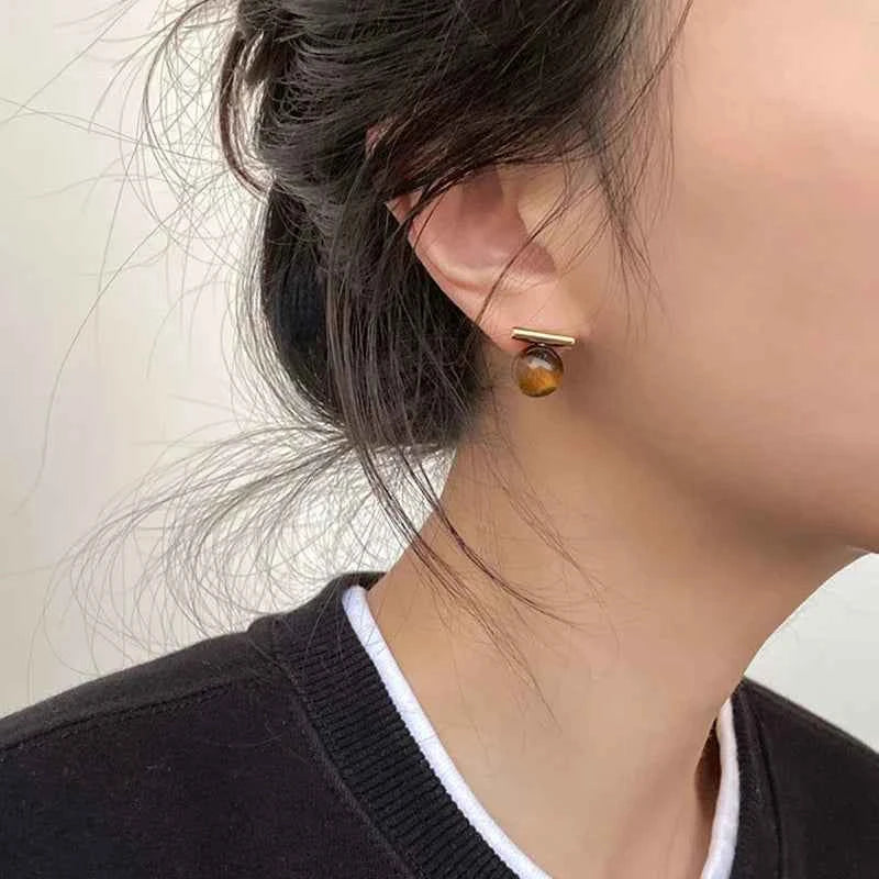 Minimalist Tiger Eye Stone Round Beads Earring