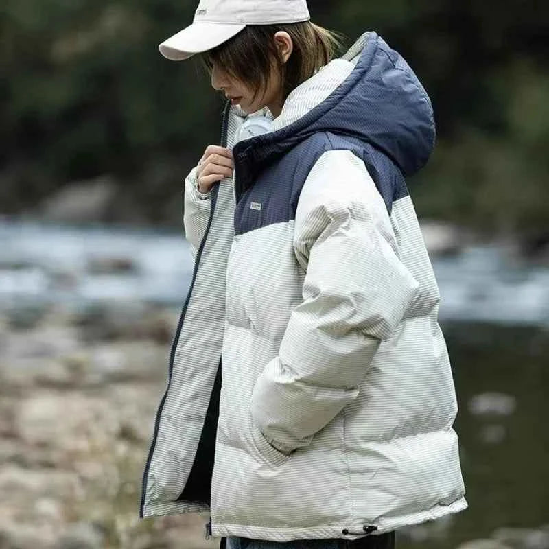 Patchwork Fashionable Hooded Fluffy Puffer Jacket
