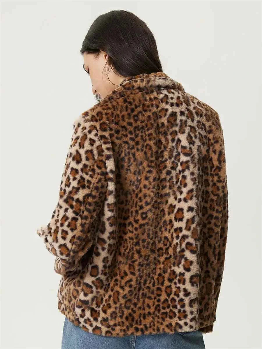 Women Leopard Print Faux Fur Jacket