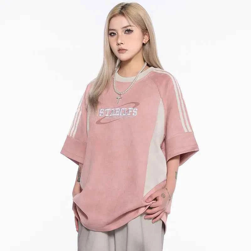 Retro Embroidered Suede Patchwork Racing T-Shirt