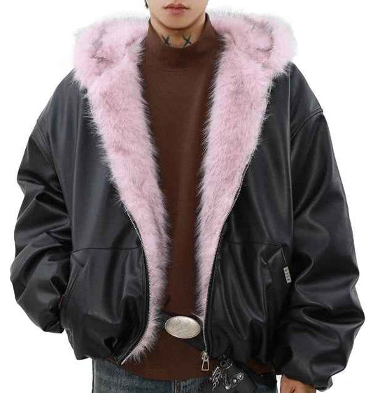Streetwear Chic Plush Padded Parka Leather Jacket