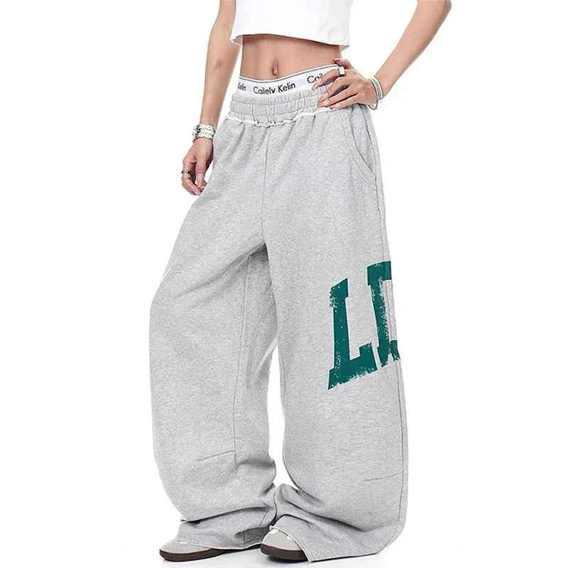 Streetwear Oversized Gray Japanese Print Sweatpants