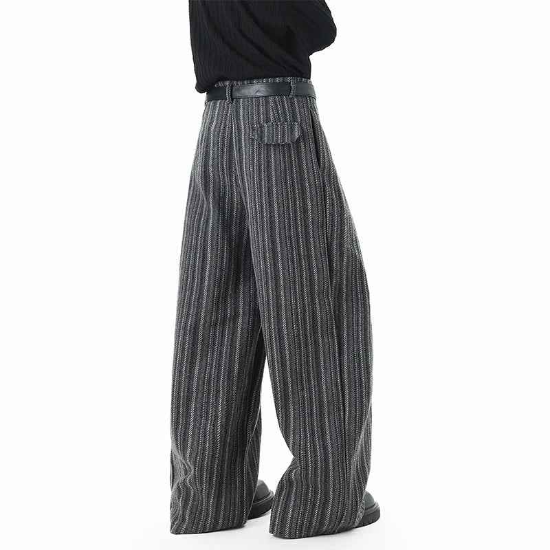 Striped Solid Color Woolen Pleated Wide Leg Pants
