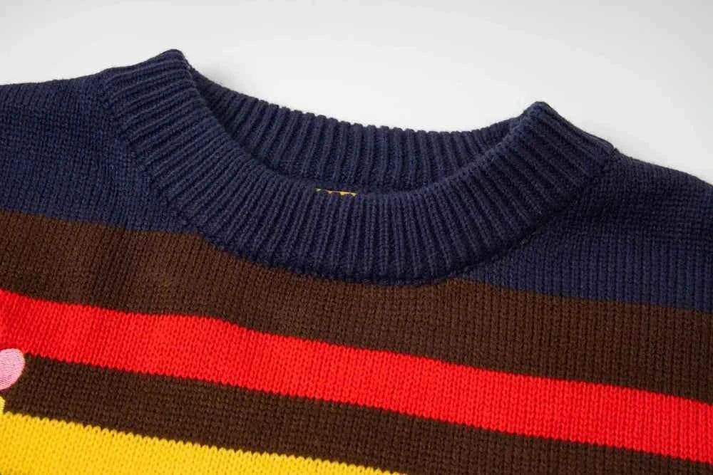 Embroidered Crew Neck Collar Contrast Paneled Striped Sweater
