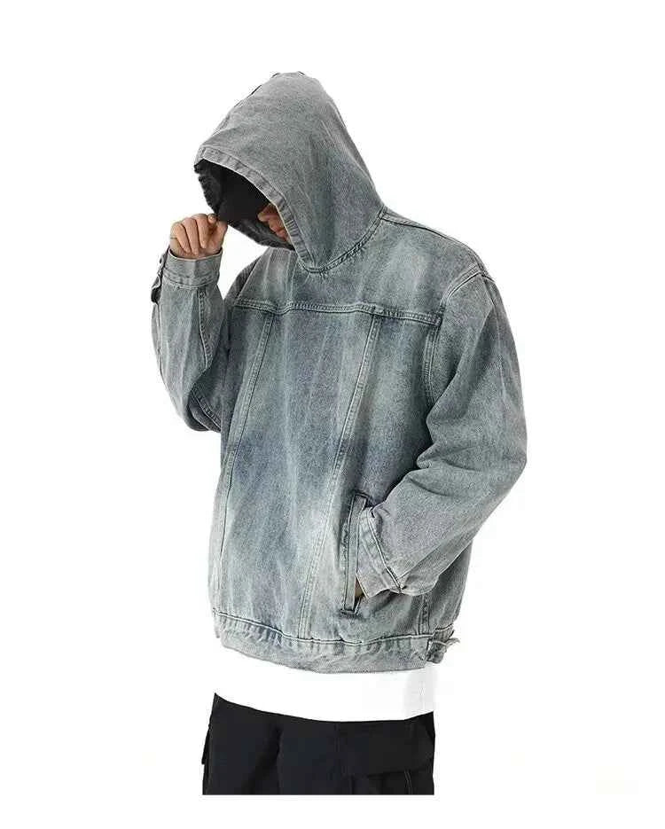 Streetwear American Style Retro Long Sleeve Denim Hoodie