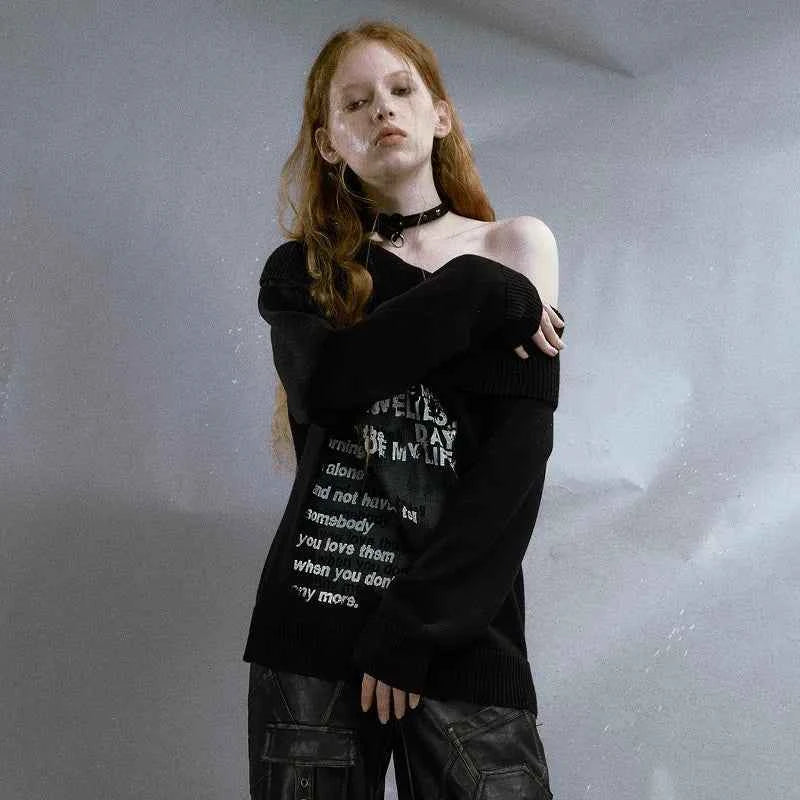 Vintage Grunge Aesthetics Off Shoulder Sweater