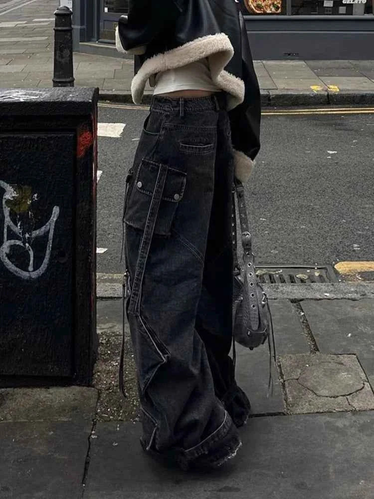 Women Washed Black Baggy Cargo Jeans
