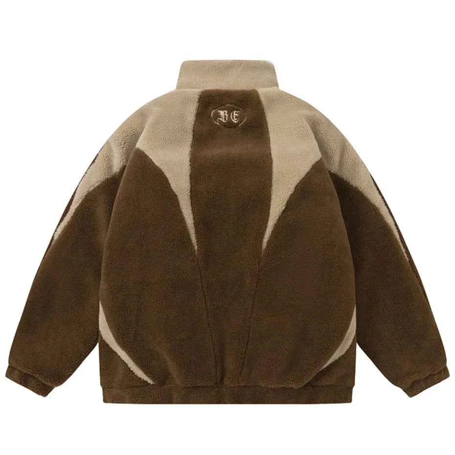 Breathable Cozy Plush Fleece Color Block Furry Jacket