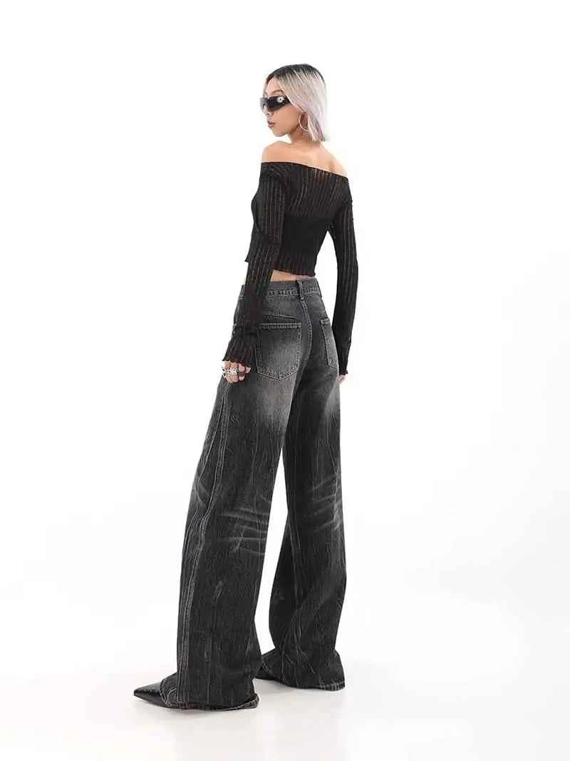 Vintage Washed Black Distressed High Waist Jeans