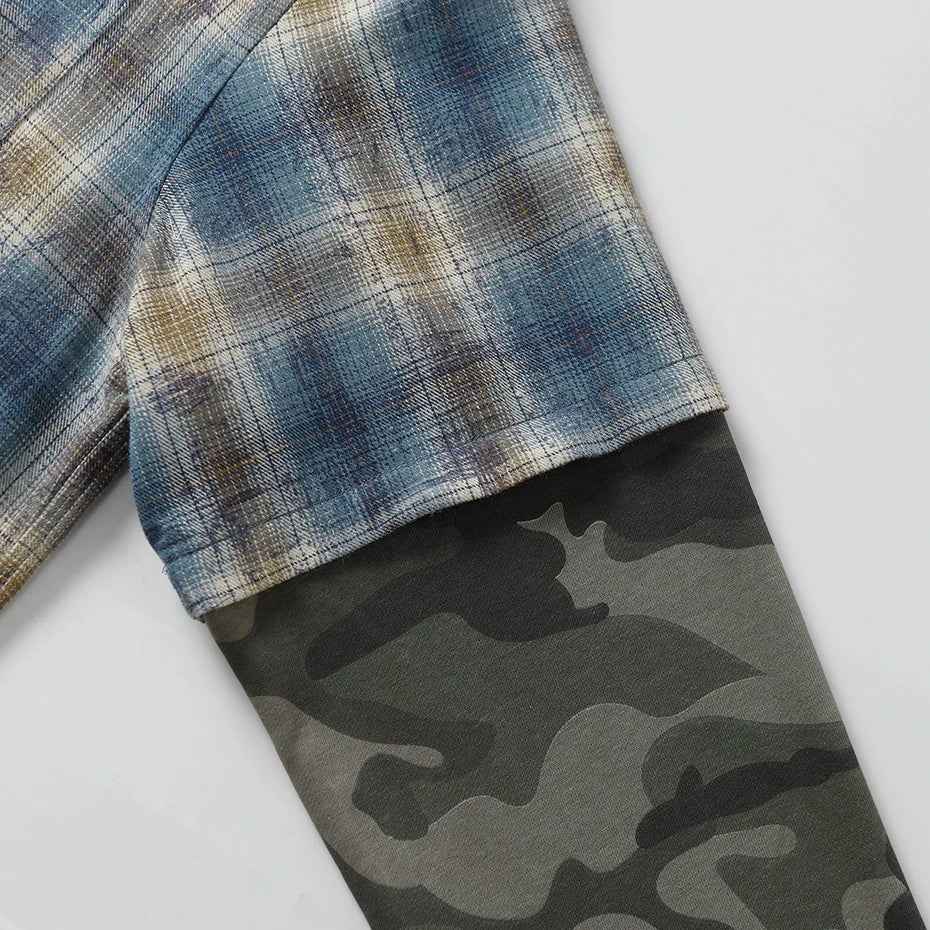 Streetwear Camouflage Patchwork Long Sleeve Button Shirt