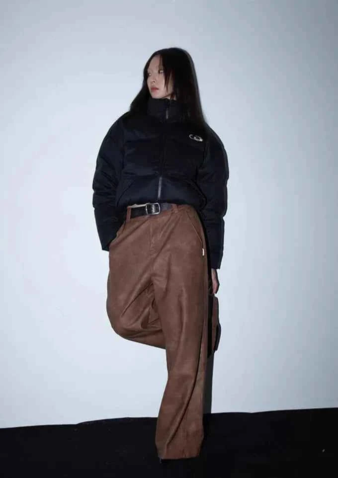 Women Luxury Brown Wide Leg Leather Pants