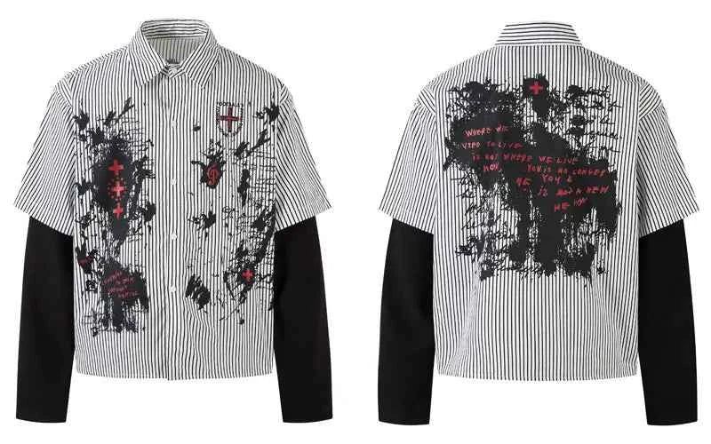Gothic Fake Two Layered Graphic Long Sleeve Shirt