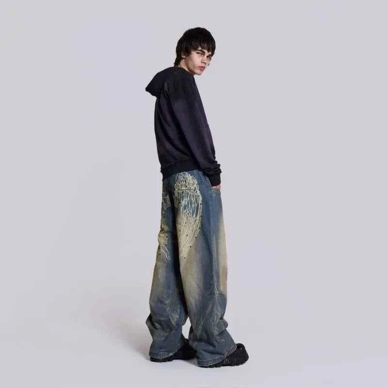 Vintage Wing Pattern Baggy Wide Leg Jeans