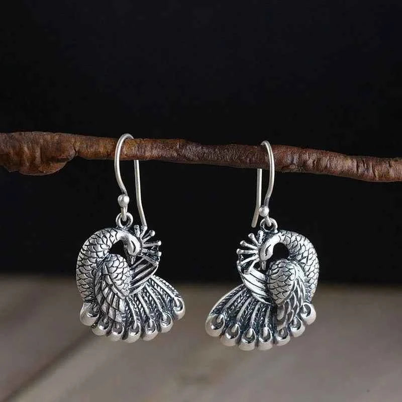 Handmade Vintage Metal Peacock Dangle Earrings