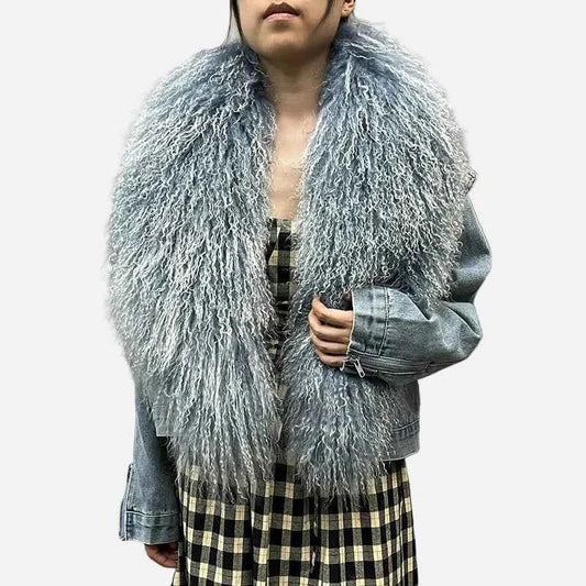 Stylish Mongolian Faux Fur Collar Denim Jacket