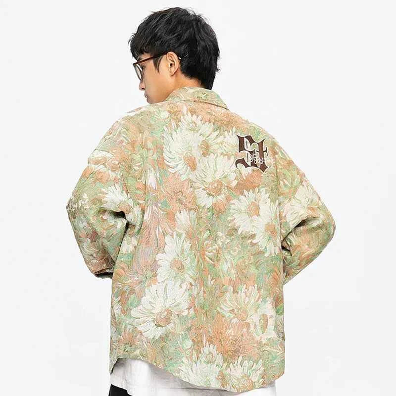 Trendy Gothic Daisy Print Varsity Jacket