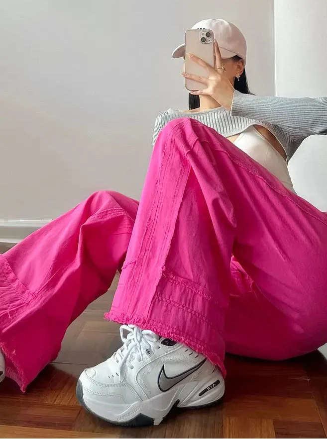 Pink Y2K High Waist Wide Leg Jeans - Luxuryurbanwear