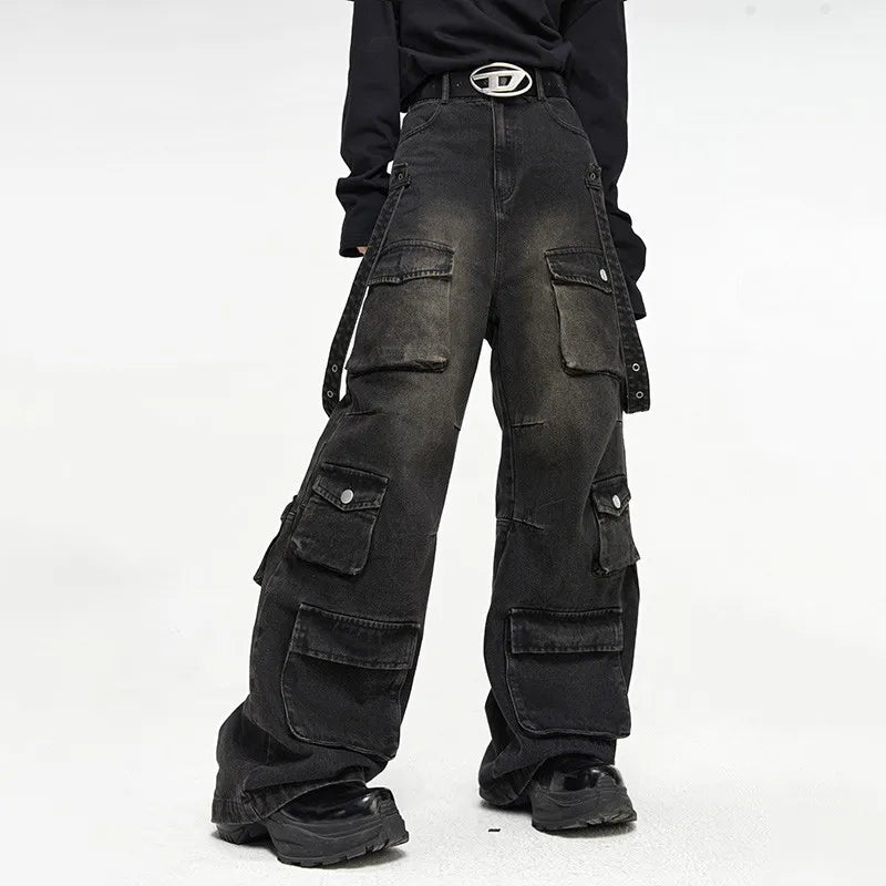 Baggy Washed Denim Cargo Pants - Multi-Pocket Streetwear | LuxuryUrbanwear - Luxuryurbanwear