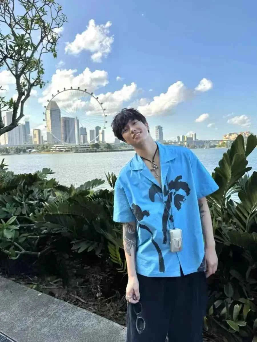 Summer Streetwear Blue Cuban Collar Printed Shirt