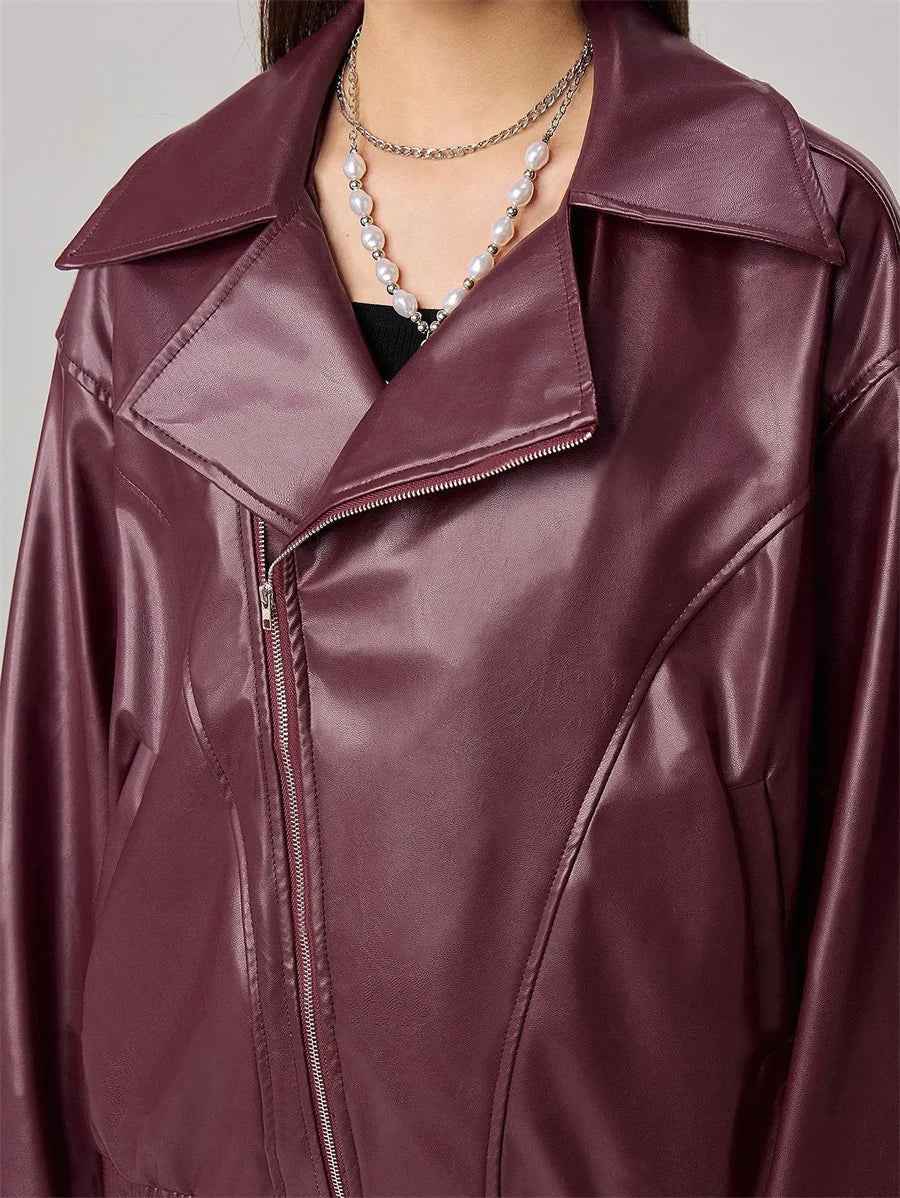 Burgundy Stylish Faux Zip-Up Leather Jacket