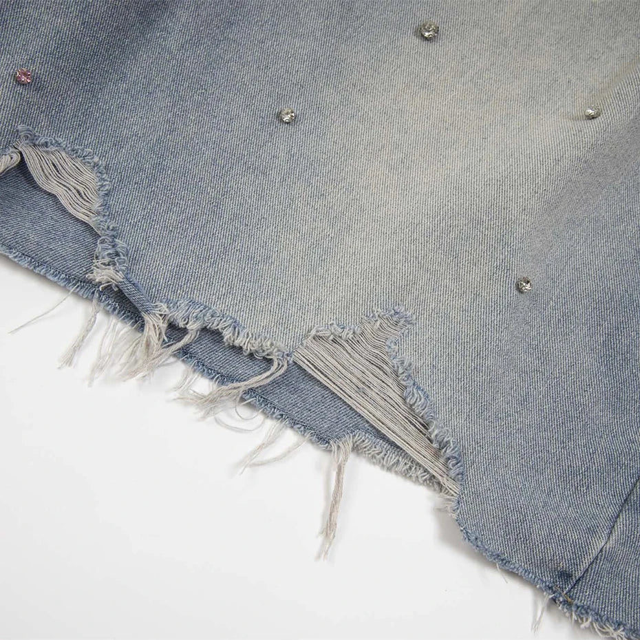 Rhinestone Denim Ripped Shorts