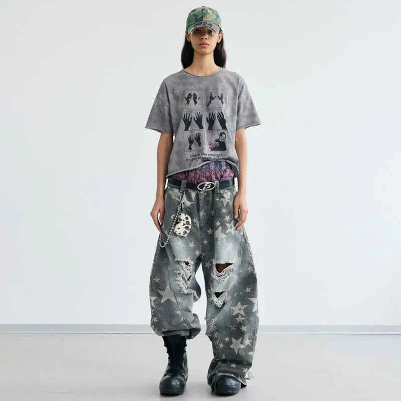 Star Printed Streetwear Wide Leg Denim Jeans