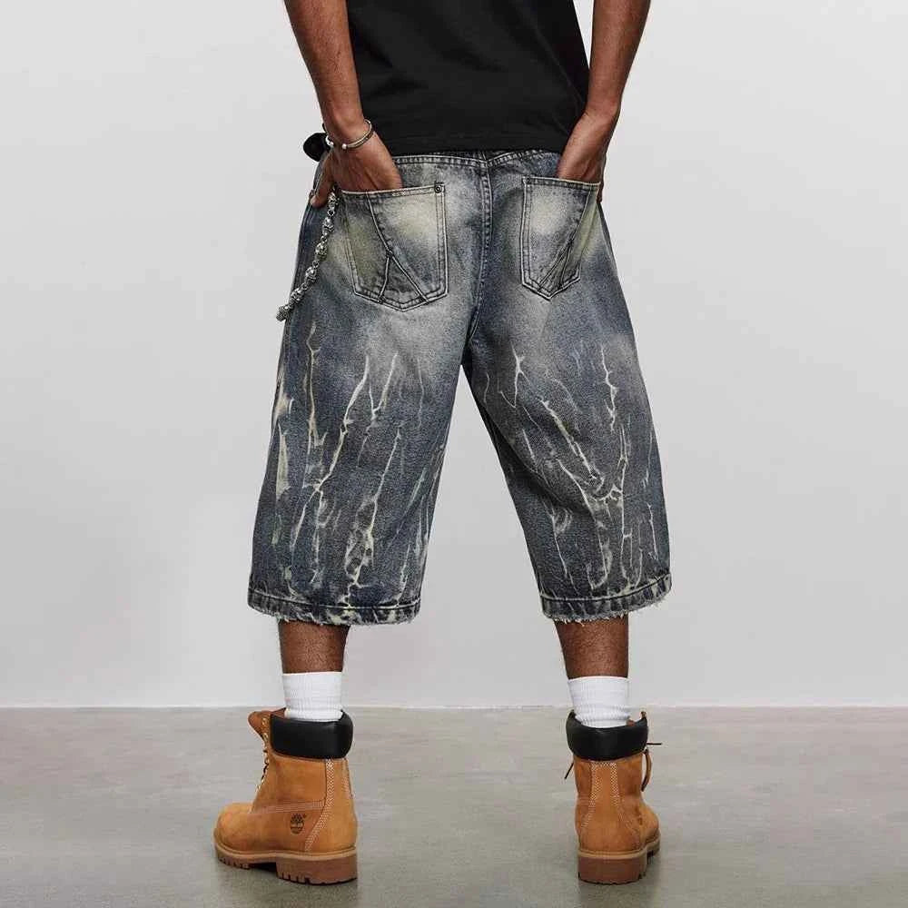 Lightning Pattern Washed Cropped Denim Jorts
