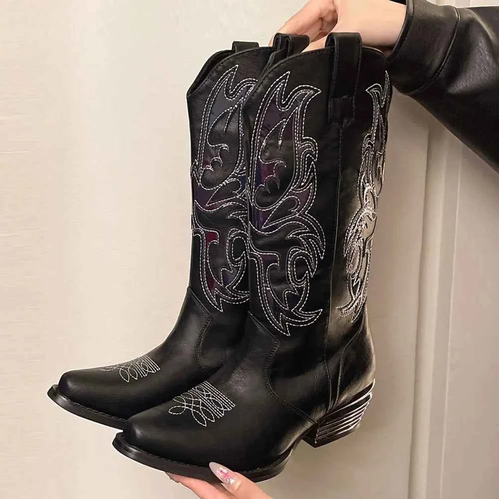Vintage Black Embroidered Cowboy Zipper Boot