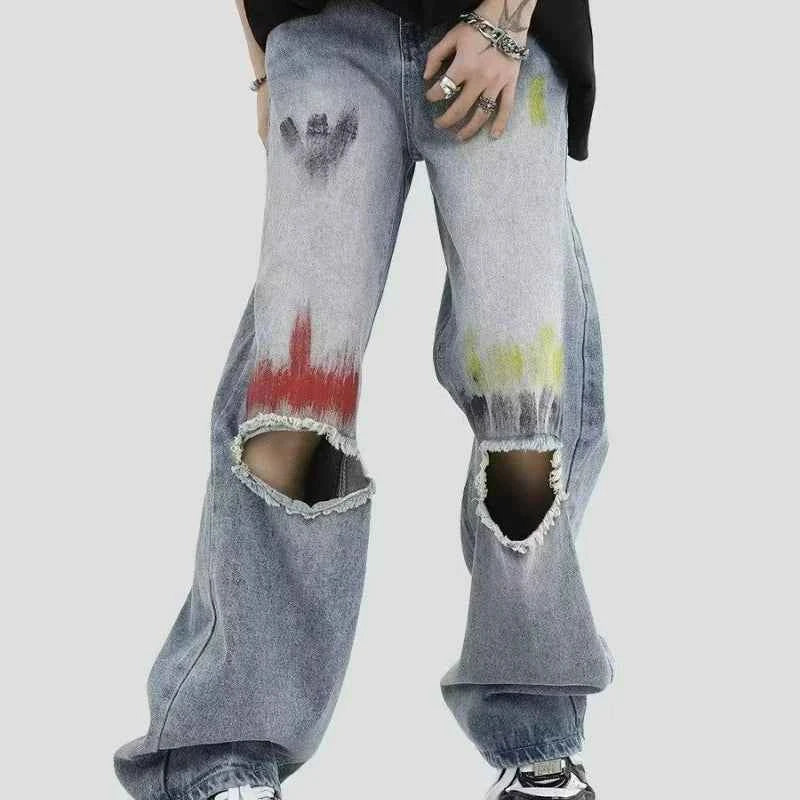 Trendy Blue Washed Ripped Straight Leg Jeans
