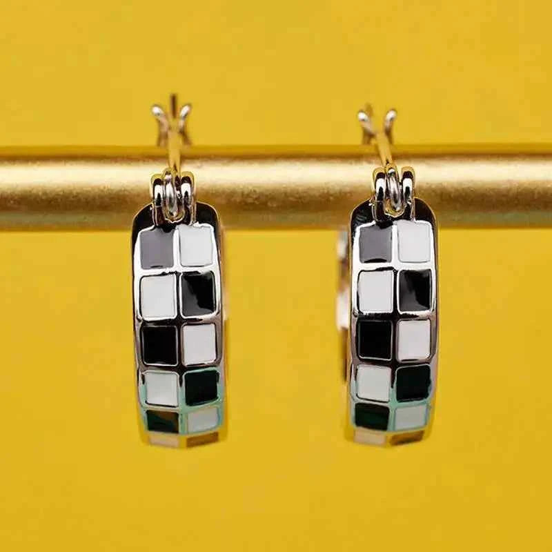 Elegant Black White Grid Hoop Earrings