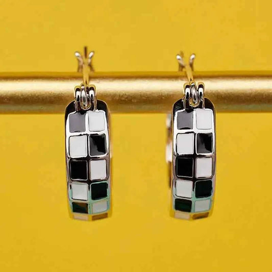 Elegant Black White Grid Hoop Earrings