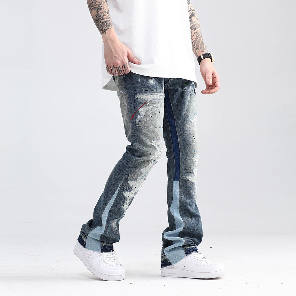 Streetwear Blue Speckle Ink Washed Flared Jeans