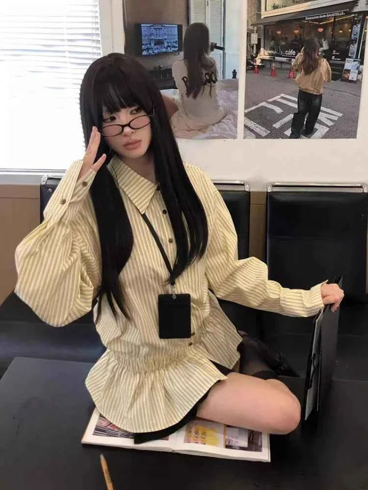 Yellow Striped Patchwork Pleated Dress Shirt