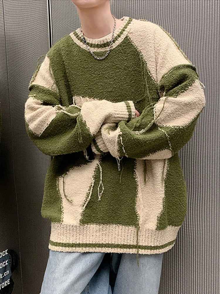 Vintage Green Ripped Tassel Knitted Pullover Sweater