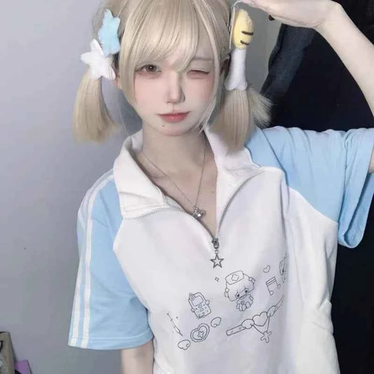 Japanese Cartoon Print Patchwork Grunge T-Shirt