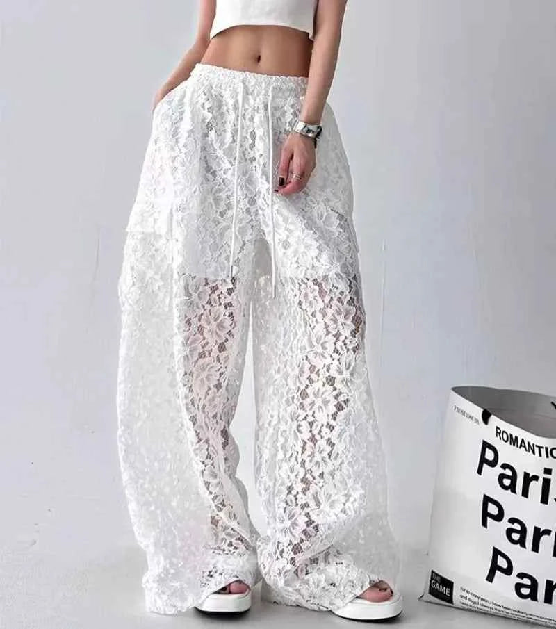 Women Solid Color Lace Hollow Wide Leg Pants