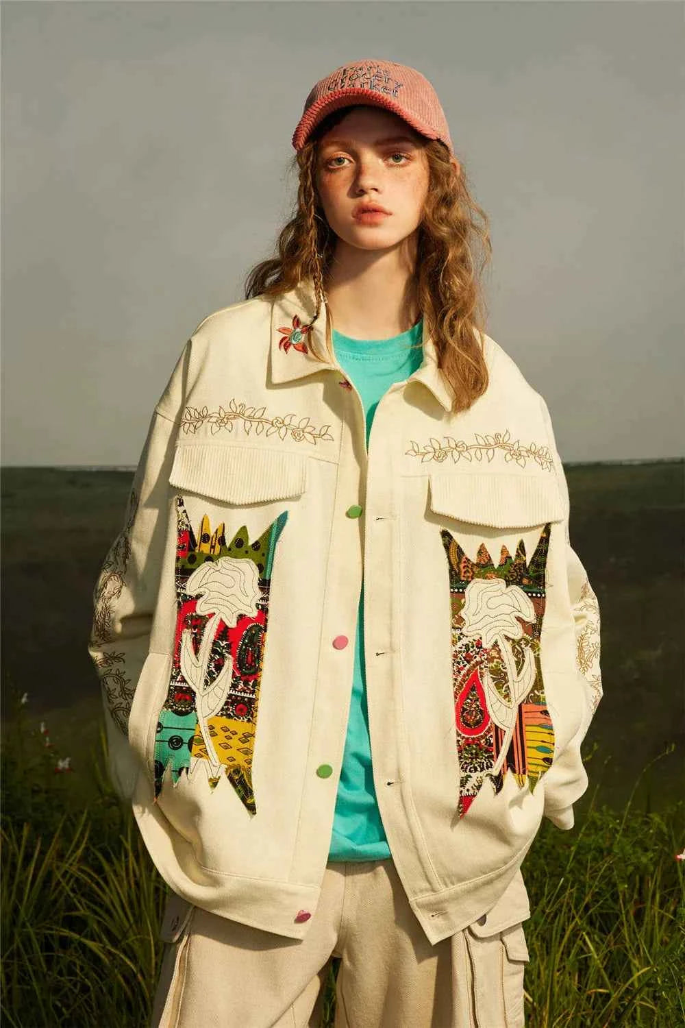 National Floral Embroidery Patchwork Denim Jacket