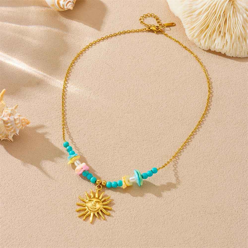 Turquoise Pearl Golden Sun Pendant Necklace