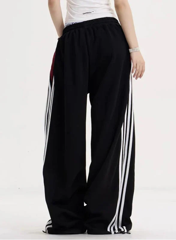 Breathable Oversized Black Stripe Wide Leg Jogger - Luxuryurbanwear