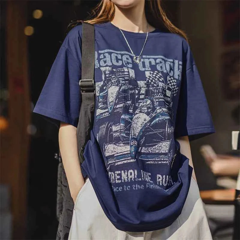 Vintage Casual Racing Print T-Shirt