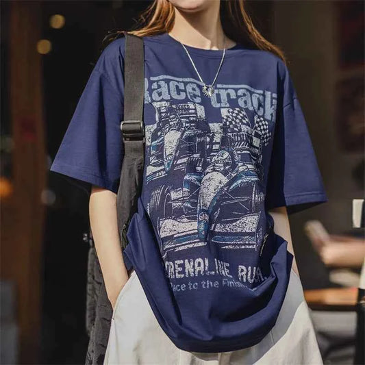 Vintage Casual Racing Print T-Shirt