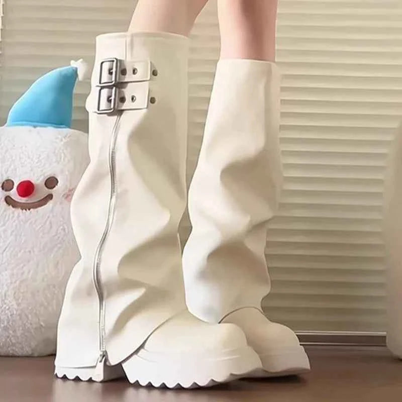 Edgy Spliced Thick Sole Knee-High Zipper Boot