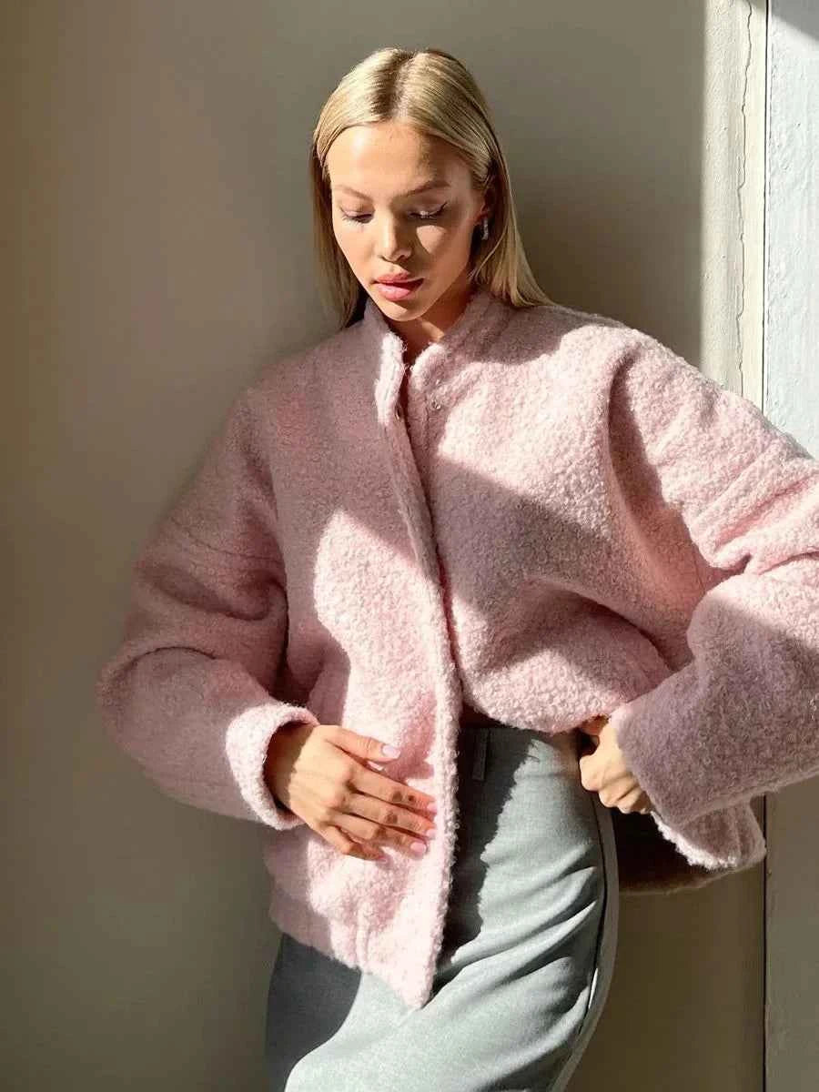 Women Pink Stylish Chic Fur Cardigan