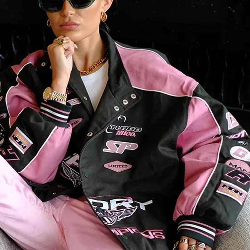 Graphic Modern Pink Patchwork Racer Jacket