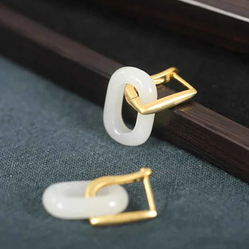 Gold Hetian Jade Geometric Irregular Earrings