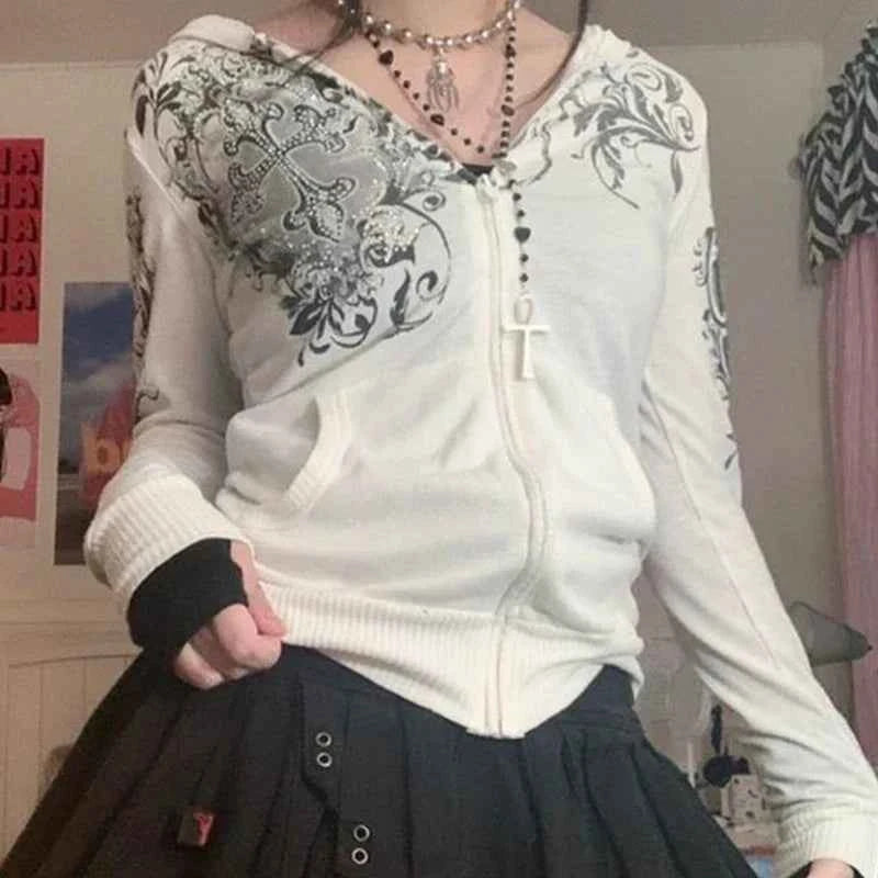 Rhinestone White Zipper Long Sleeve Sweatshirt