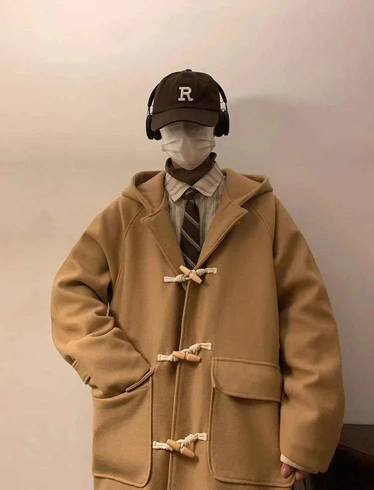 Vintage Horn Buckle Woolen Hooded Coat