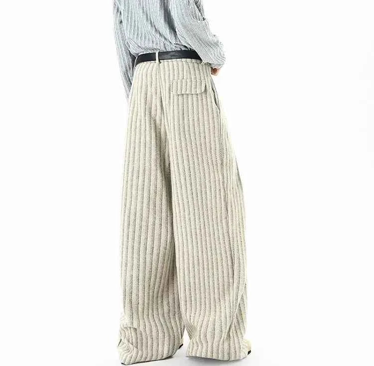 Striped Solid Color Woolen Pleated Wide Leg Pants