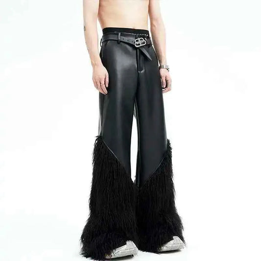 Trendy Patchwork Wide Leg Leather Pants