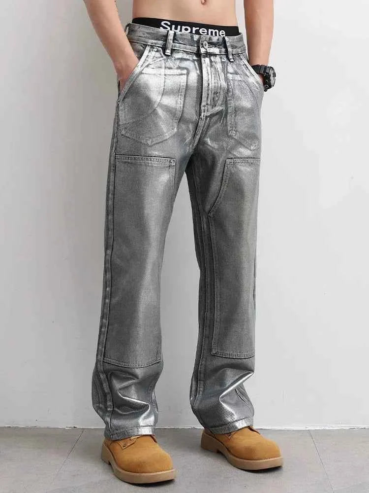 Streetwear Cool Silver Coated Casual Hip Hop Jeans